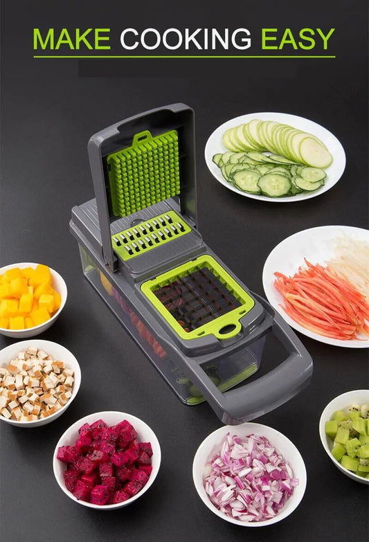 14-In-1 Vegetable Chopper Dicer Slicer - Multi-Function Kitchen Food Cutter with Stainless Steel Blades Drain Basket and Container for Onion Fruit and Veggie Preparation (Gray and Green)