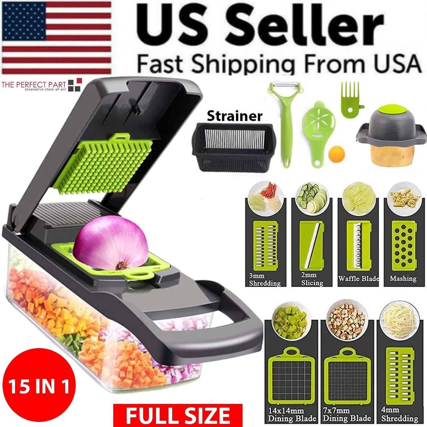 14-In-1 Vegetable Chopper Dicer Slicer - Multi-Function Kitchen Food Cutter with Stainless Steel Blades Drain Basket and Container for Onion Fruit and Veggie Preparation (Gray and Green)
