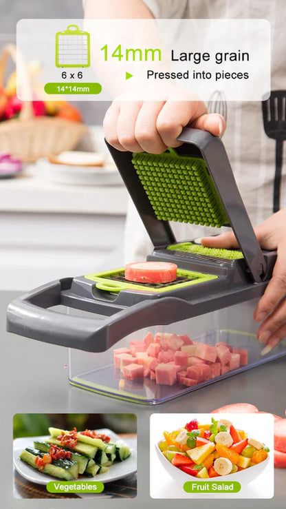 14-In-1 Vegetable Chopper Dicer Slicer - Multi-Function Kitchen Food Cutter with Stainless Steel Blades Drain Basket and Container for Onion Fruit and Veggie Preparation (Gray and Green)