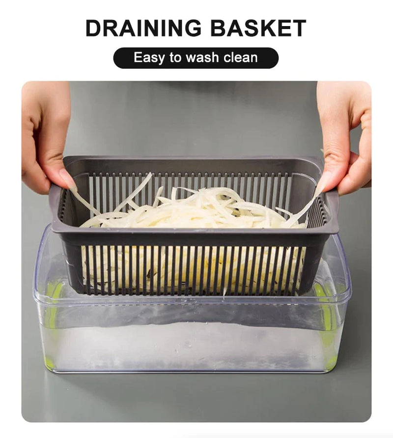 14-In-1 Vegetable Chopper Dicer Slicer - Multi-Function Kitchen Food Cutter with Stainless Steel Blades Drain Basket and Container for Onion Fruit and Veggie Preparation (Gray and Green)
