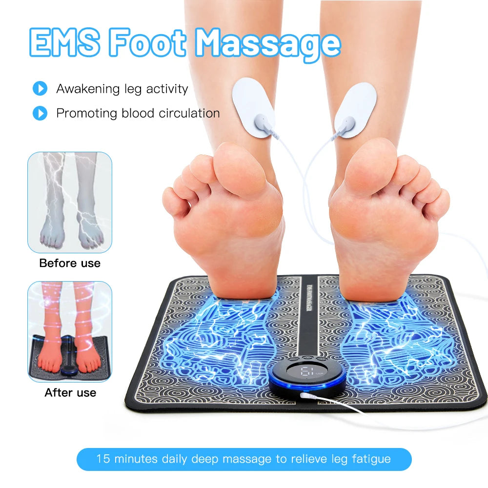 EMS Foot Massage Mat – Electric TENS Muscle Stimulator Pad for Pain Relief, Circulation & Relaxation, Foldable & Portable Foot Massager with 8 Modes & 19 Intensity Levels