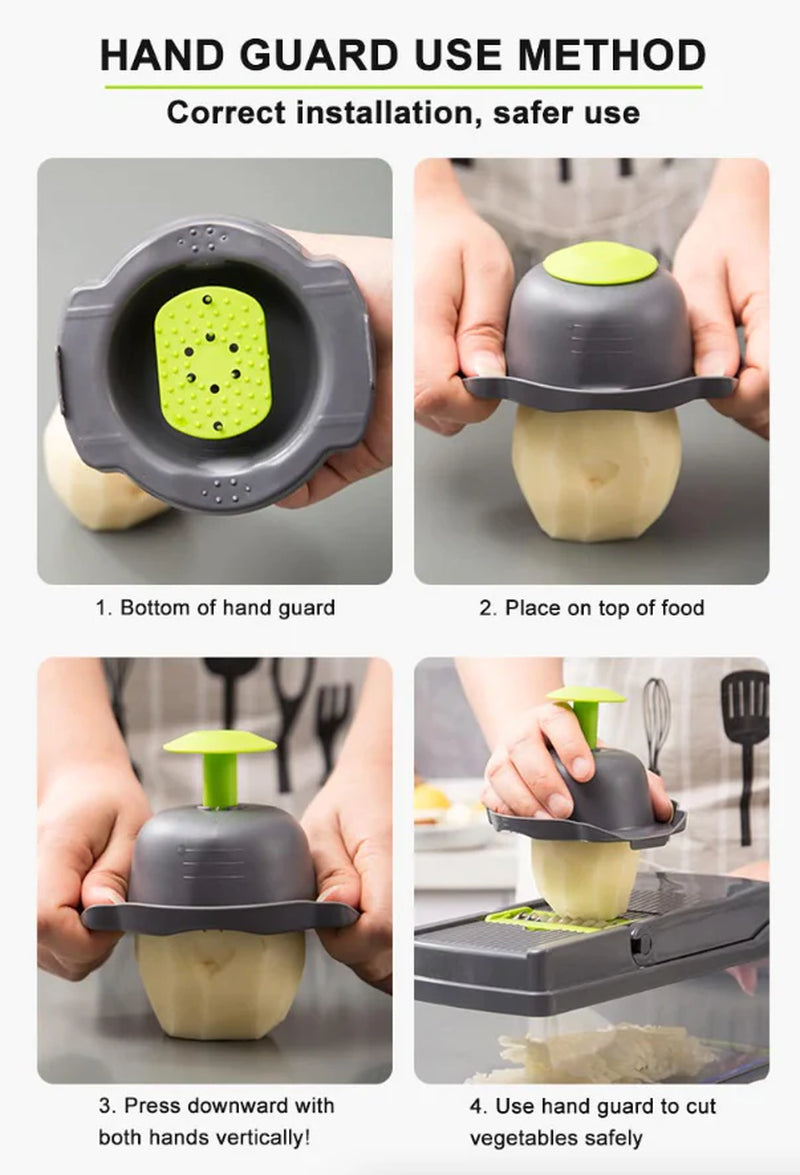 14-In-1 Vegetable Chopper Dicer Slicer - Multi-Function Kitchen Food Cutter with Stainless Steel Blades Drain Basket and Container for Onion Fruit and Veggie Preparation (Gray and Green)