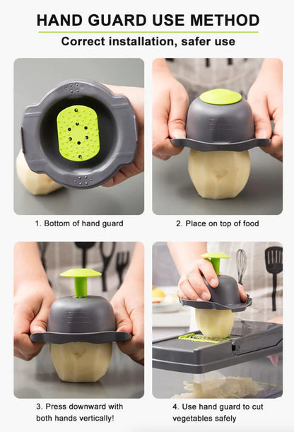 14-In-1 Vegetable Chopper Dicer Slicer - Multi-Function Kitchen Food Cutter with Stainless Steel Blades Drain Basket and Container for Onion Fruit and Veggie Preparation (Gray and Green)