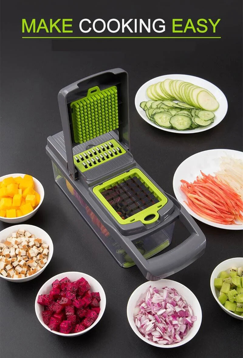 14-In-1 Vegetable Chopper Dicer Slicer - Multi-Function Kitchen Food Cutter with Stainless Steel Blades Drain Basket and Container for Onion Fruit and Veggie Preparation (Gray and Green)
