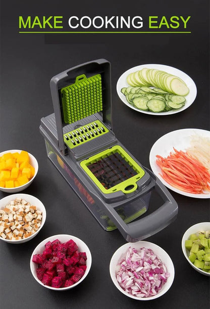 14-In-1 Vegetable Chopper Dicer Slicer - Multi-Function Kitchen Food Cutter with Stainless Steel Blades Drain Basket and Container for Onion Fruit and Veggie Preparation (Gray and Green)