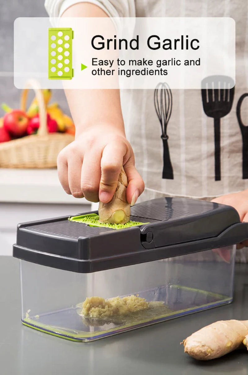 14-In-1 Vegetable Chopper Dicer Slicer - Multi-Function Kitchen Food Cutter with Stainless Steel Blades Drain Basket and Container for Onion Fruit and Veggie Preparation (Gray and Green)
