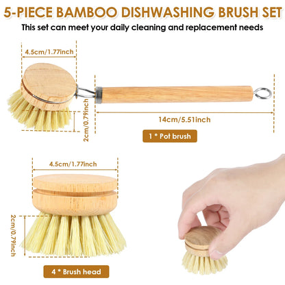 Eco-Friendly 5 Piece Bamboo Dish Brush Set - Natural Sisal & Palm Fiber Bristles with Coconut Sponge for Effortless Kitchen Cleaning
