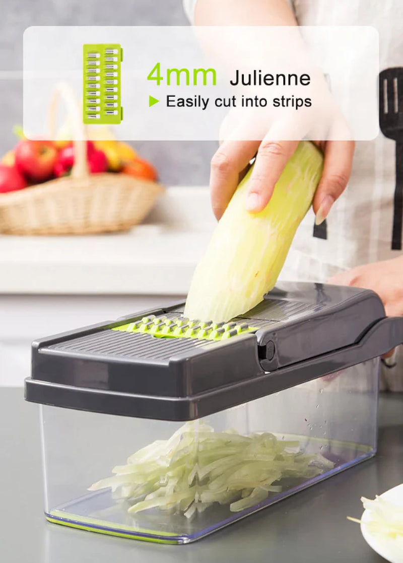 14-In-1 Vegetable Chopper Dicer Slicer - Multi-Function Kitchen Food Cutter with Stainless Steel Blades Drain Basket and Container for Onion Fruit and Veggie Preparation (Gray and Green)