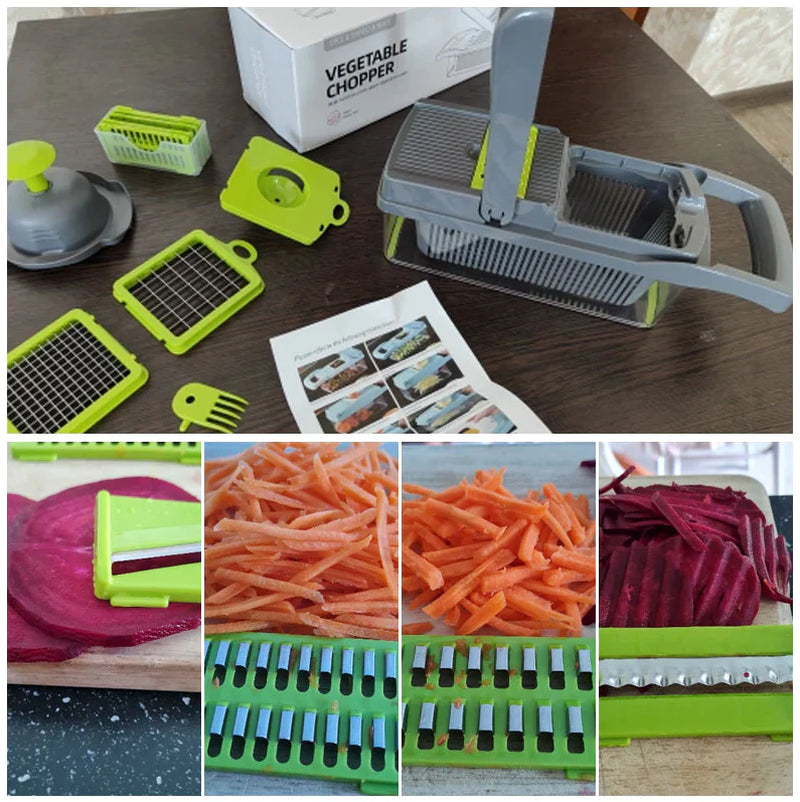14-In-1 Vegetable Chopper Dicer Slicer - Multi-Function Kitchen Food Cutter with Stainless Steel Blades Drain Basket and Container for Onion Fruit and Veggie Preparation (Gray and Green)