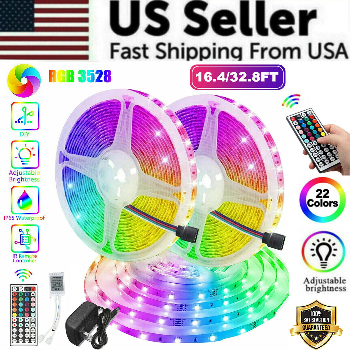 Vibrant 32FT RGB LED Strip Lights with 44-Key Remote - Waterproof & Flexible for Indoor/Outdoor Ambiance