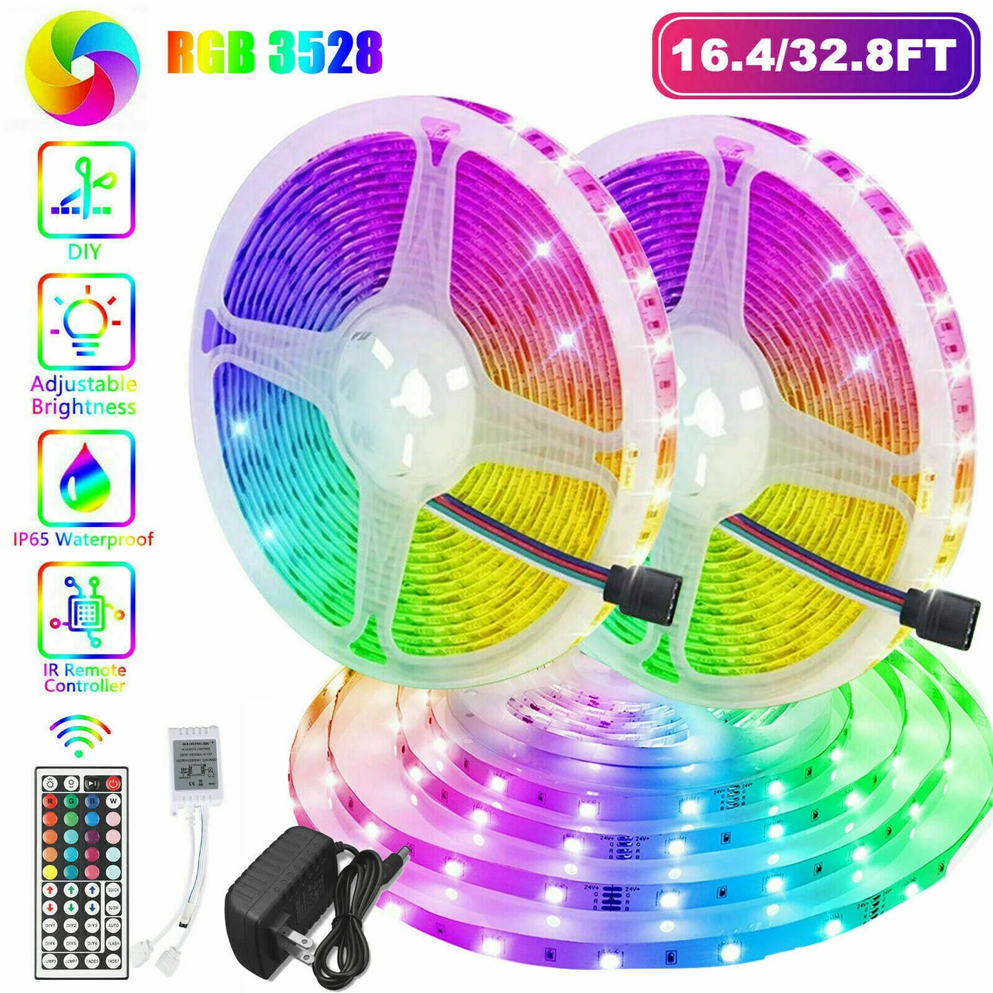 Vibrant 32FT RGB LED Strip Lights with 44-Key Remote - Waterproof & Flexible for Indoor/Outdoor Ambiance