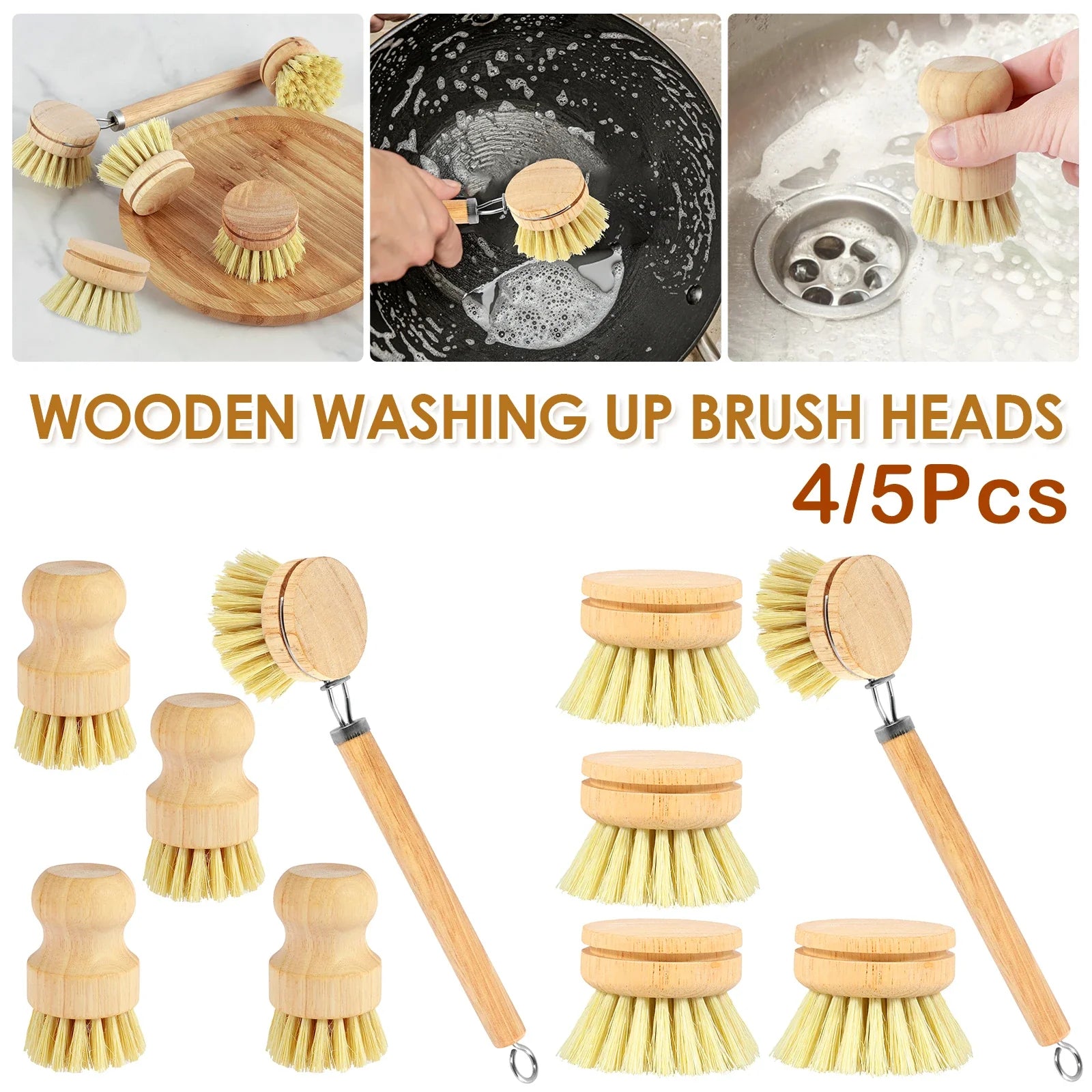 Eco-Friendly 5 Piece Bamboo Dish Brush Set - Natural Sisal & Palm Fiber Bristles with Coconut Sponge for Effortless Kitchen Cleaning
