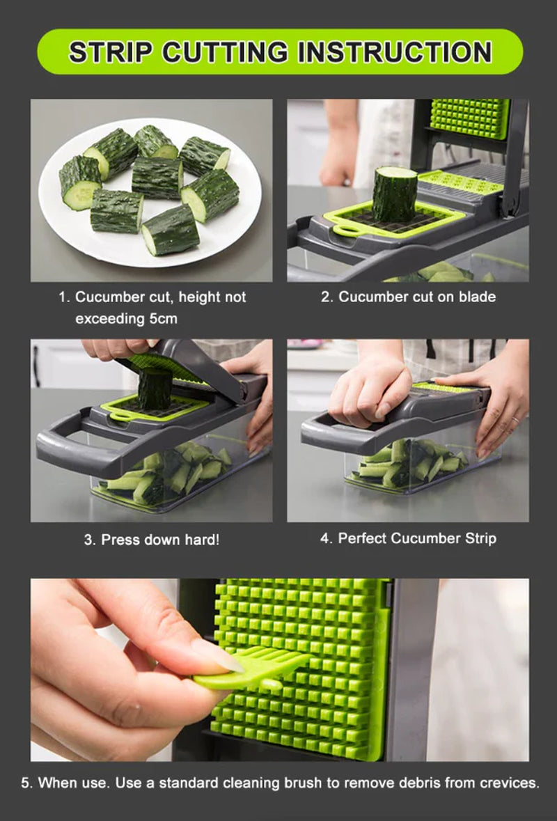 14-In-1 Vegetable Chopper Dicer Slicer - Multi-Function Kitchen Food Cutter with Stainless Steel Blades Drain Basket and Container for Onion Fruit and Veggie Preparation (Gray and Green)