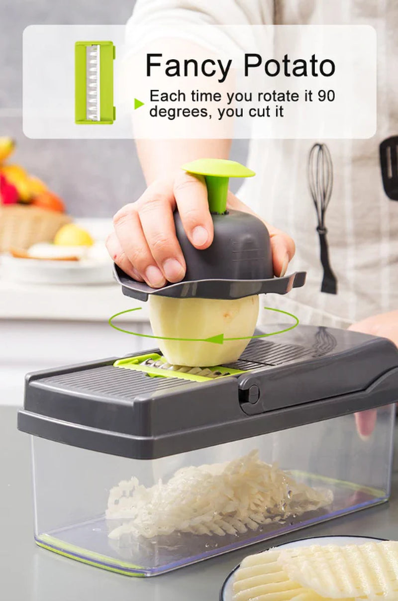 14-In-1 Vegetable Chopper Dicer Slicer - Multi-Function Kitchen Food Cutter with Stainless Steel Blades Drain Basket and Container for Onion Fruit and Veggie Preparation (Gray and Green)