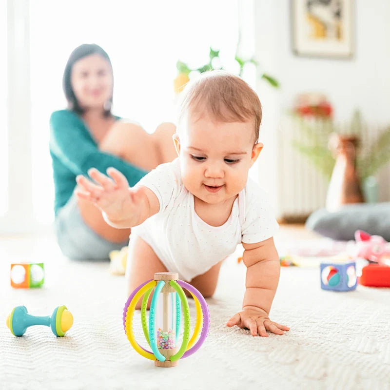 Wooden Rain Drum Baby Rattle Toy - Silicone Sensory Touch & Molar Stick for Newborns - Perfect Gift for Dental Care!