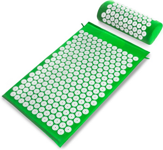 Acupressure Mat and Pillow Set for Back & Neck Pain Relief – Cotton Spike Mat for Muscle Relaxation, Stress Recovery & Deep Relaxation (Large, Green/White)