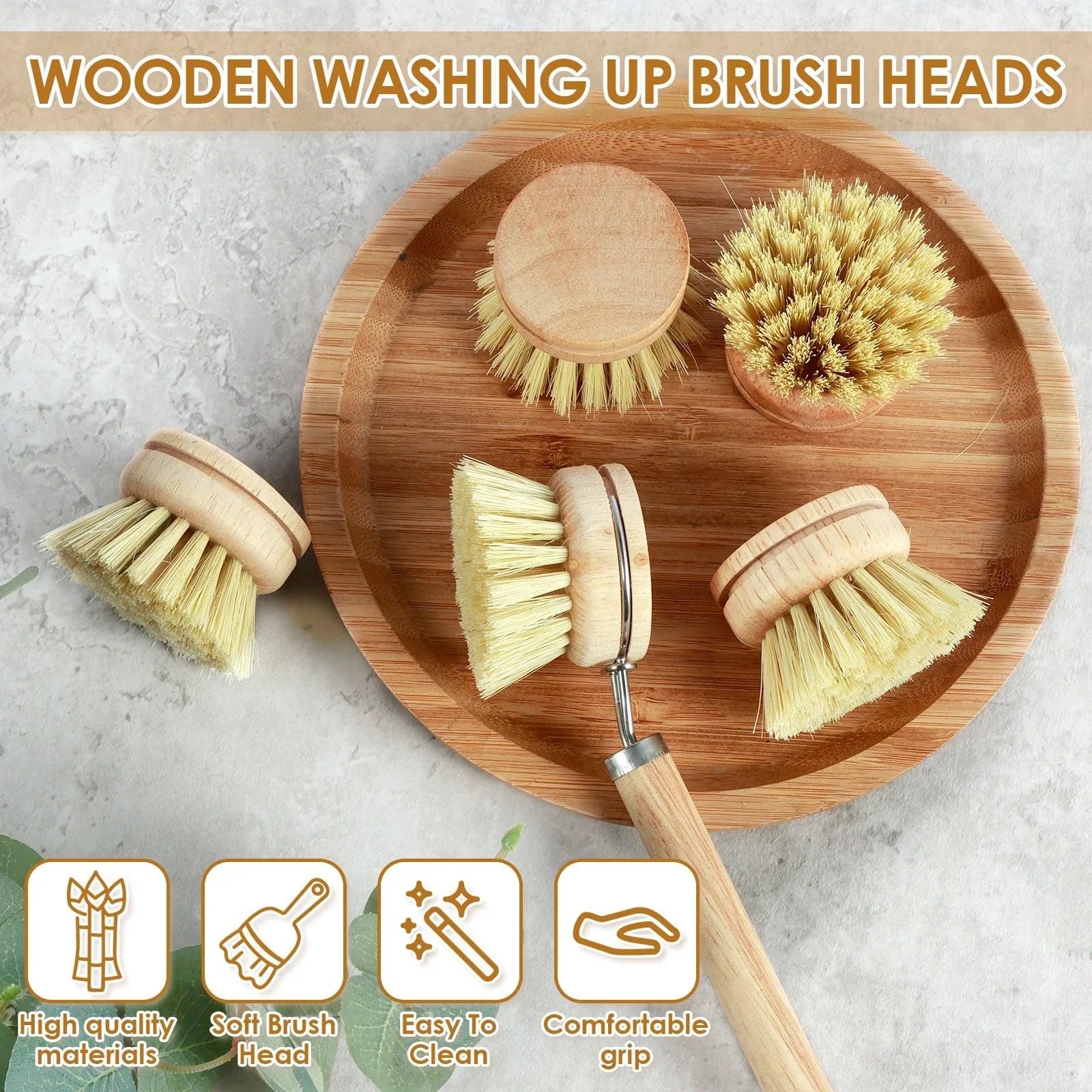 Eco-Friendly 5 Piece Bamboo Dish Brush Set - Natural Sisal & Palm Fiber Bristles with Coconut Sponge for Effortless Kitchen Cleaning