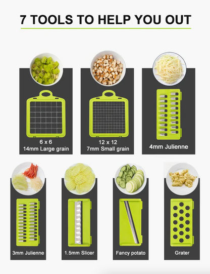 14-In-1 Vegetable Chopper Dicer Slicer - Multi-Function Kitchen Food Cutter with Stainless Steel Blades Drain Basket and Container for Onion Fruit and Veggie Preparation (Gray and Green)