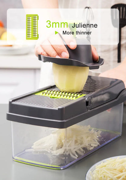 14-In-1 Vegetable Chopper Dicer Slicer - Multi-Function Kitchen Food Cutter with Stainless Steel Blades Drain Basket and Container for Onion Fruit and Veggie Preparation (Gray and Green)