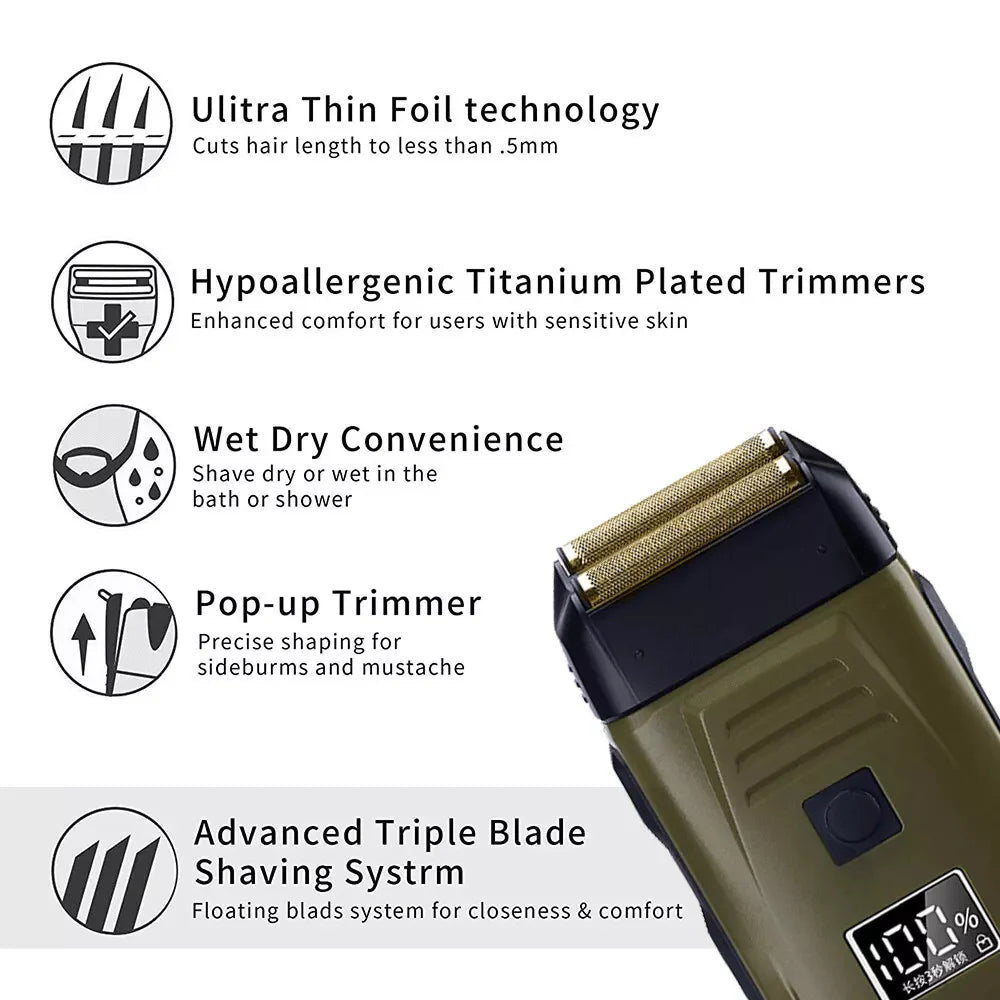 Ultimate Men's USB Rechargeable Electric Shaver - Dual Foil Blades, LED Display, IPX6 Waterproof, Perfect for Wet/Dry Use & Travel Lock