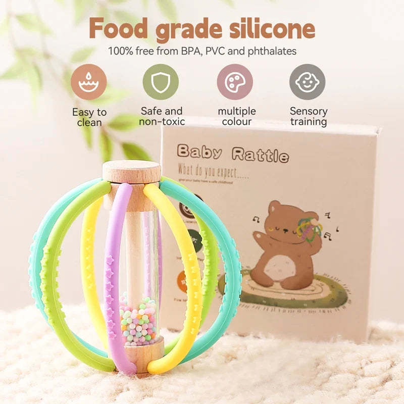 Wooden Rain Drum Baby Rattle Toy - Silicone Sensory Touch & Molar Stick for Newborns - Perfect Gift for Dental Care!