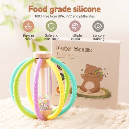 Wooden Rain Drum Baby Rattle Toy - Silicone Sensory Touch & Molar Stick for Newborns - Perfect Gift for Dental Care!