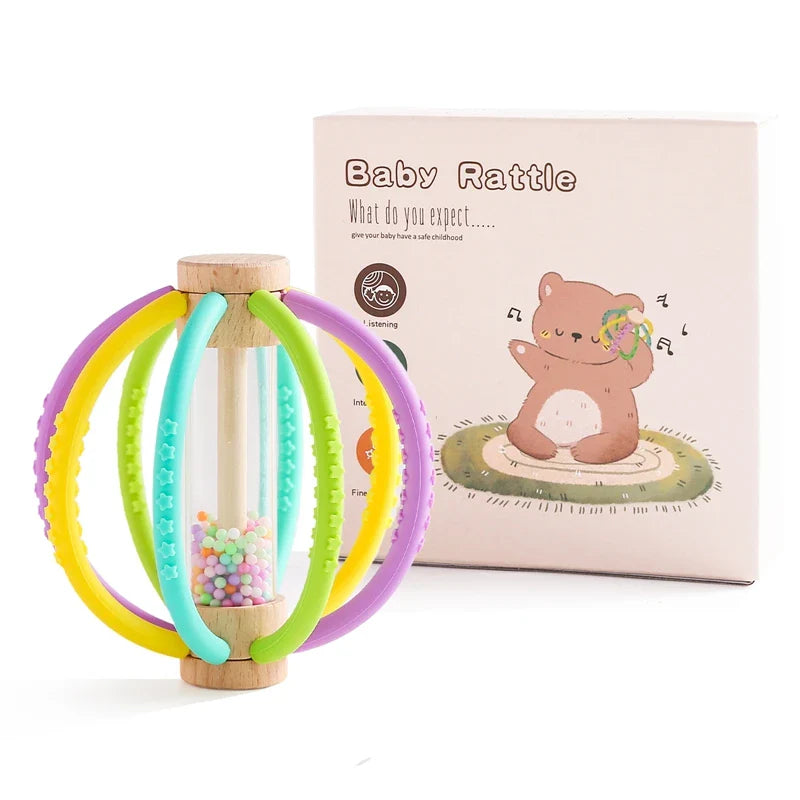 Wooden Rain Drum Baby Rattle Toy - Silicone Sensory Touch & Molar Stick for Newborns - Perfect Gift for Dental Care!