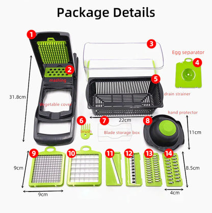 14-In-1 Vegetable Chopper Dicer Slicer - Multi-Function Kitchen Food Cutter with Stainless Steel Blades Drain Basket and Container for Onion Fruit and Veggie Preparation (Gray and Green)