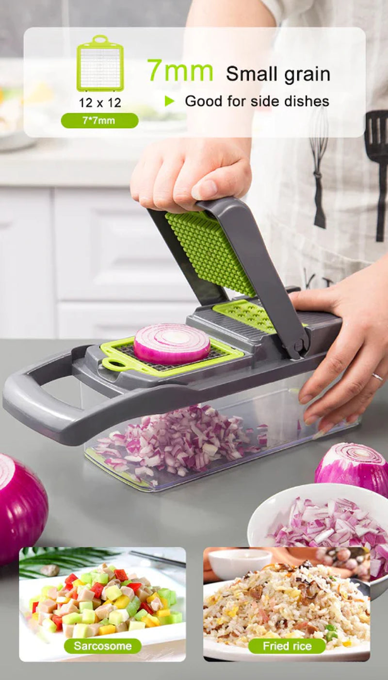 14-In-1 Vegetable Chopper Dicer Slicer - Multi-Function Kitchen Food Cutter with Stainless Steel Blades Drain Basket and Container for Onion Fruit and Veggie Preparation (Gray and Green)