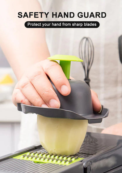 14-In-1 Vegetable Chopper Dicer Slicer - Multi-Function Kitchen Food Cutter with Stainless Steel Blades Drain Basket and Container for Onion Fruit and Veggie Preparation (Gray and Green)