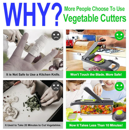 14-In-1 Vegetable Chopper Dicer Slicer - Multi-Function Kitchen Food Cutter with Stainless Steel Blades Drain Basket and Container for Onion Fruit and Veggie Preparation (Gray and Green)