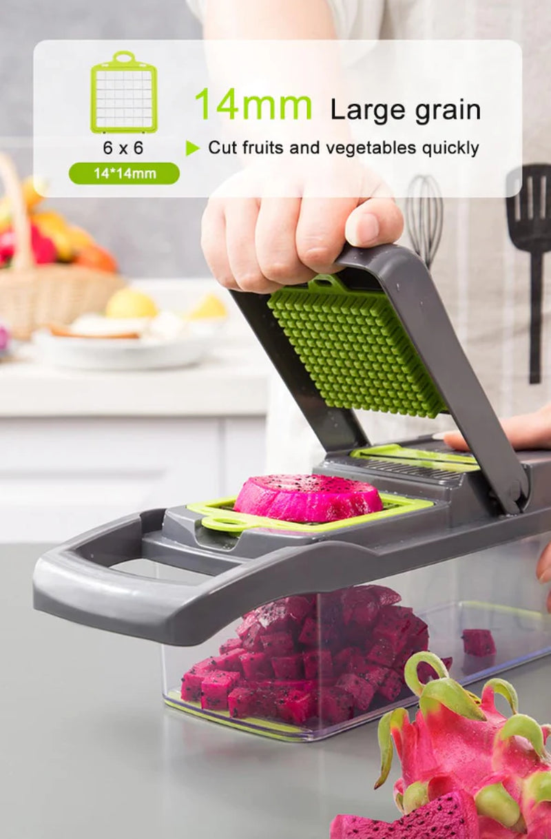 14-In-1 Vegetable Chopper Dicer Slicer - Multi-Function Kitchen Food Cutter with Stainless Steel Blades Drain Basket and Container for Onion Fruit and Veggie Preparation (Gray and Green)