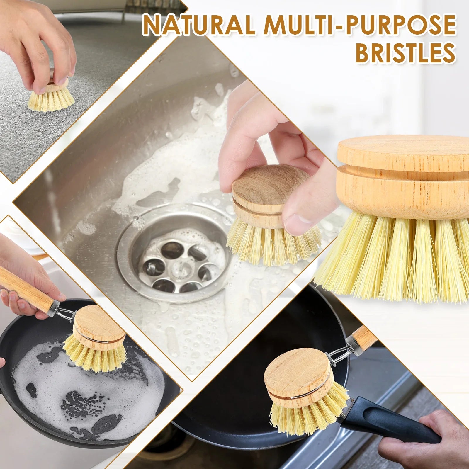 Eco-Friendly 5 Piece Bamboo Dish Brush Set - Natural Sisal & Palm Fiber Bristles with Coconut Sponge for Effortless Kitchen Cleaning