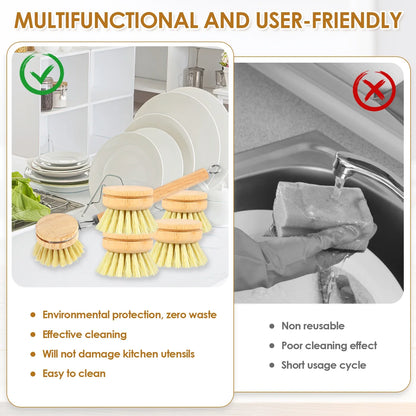 Eco-Friendly 5 Piece Bamboo Dish Brush Set - Natural Sisal & Palm Fiber Bristles with Coconut Sponge for Effortless Kitchen Cleaning
