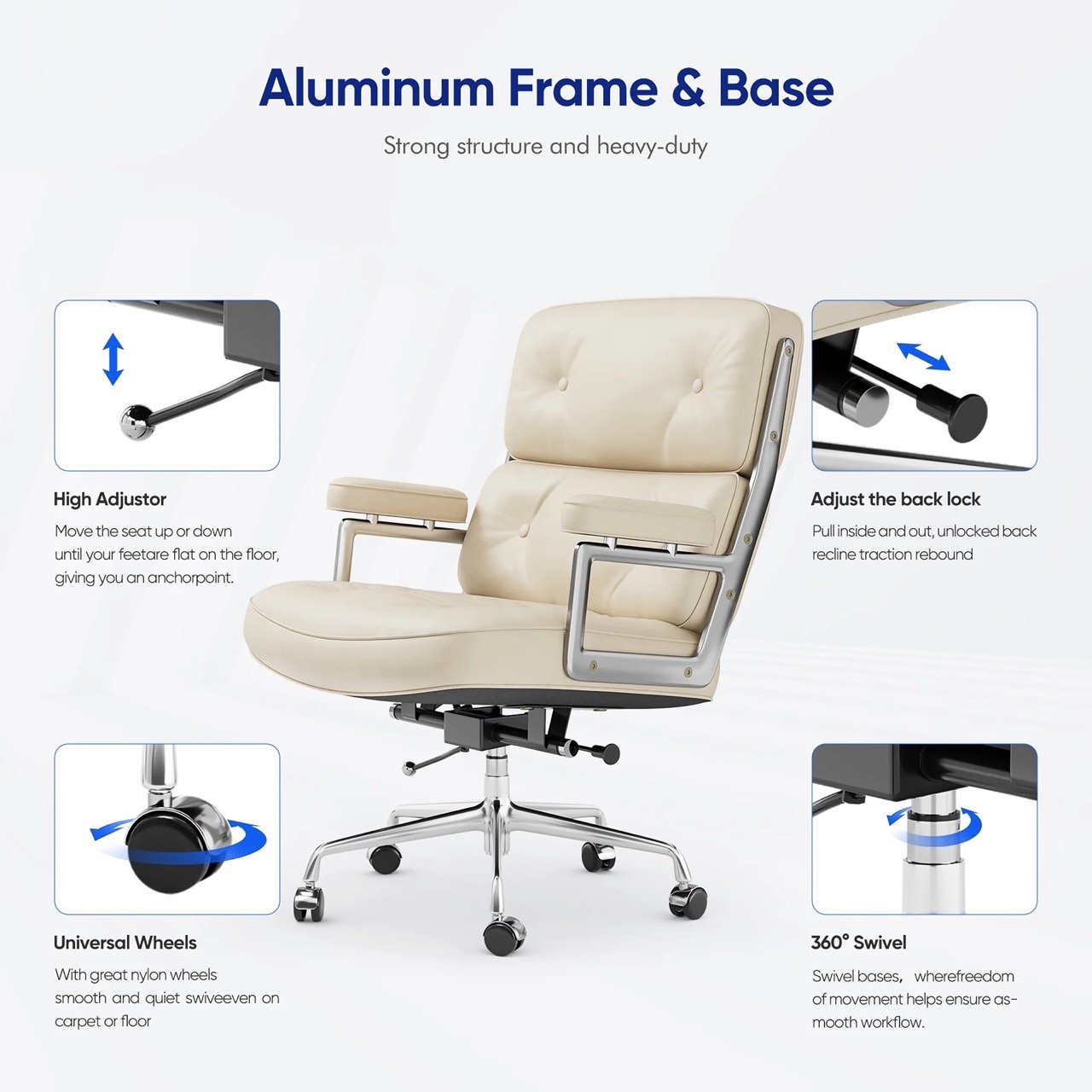 Enhance your sitting experience with the White Genuine Leather Mid-Back Office Chair, designed for both comfort and elegance. Whether at the office or home, its ergonomic design, premium materials, and adjustable features offer unparalleled support for long hours. The chair is built with a sturdy aluminum frame, a 350 lbs weight capacity, and 360-degree swivel wheels for mobility. Perfect for work, study, or gaming, it ensures style and durability in any environment.