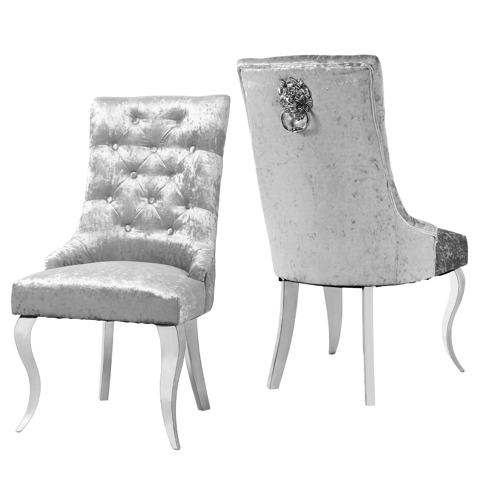 Transform your dining experience with the Extra Large Velvet Wingback Dining Chair, a perfect blend of luxury and comfort. Featuring a striking lion head knocker on the back and a button-tufted padded backrest, this chair adds sophistication to any dining room. Crafted with velvet fabric and a sturdy wood frame, it provides both durability and a plush sitting experience, while reinforced metal legs ensure stability. With a weight capacity of up to 330 pounds, it’s designed for both style and support. Ideal for dining, entertaining, or even as an accent chair in other areas of your home, this chair offers timeless elegance and lasting comfort.