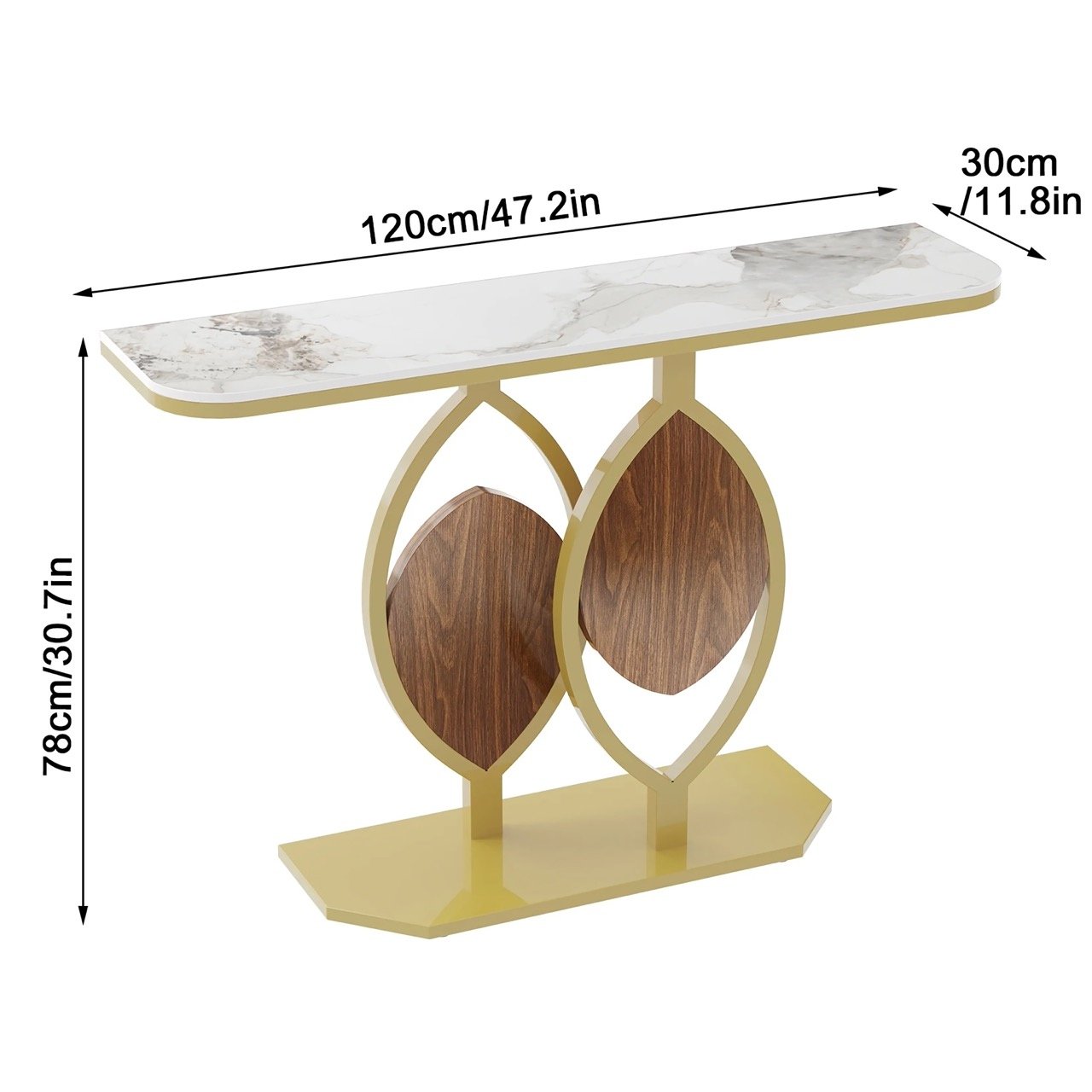 Add a touch of luxury to your home with the Modern Gold Console Table, featuring a sleek geometric metal base and a durable sintered stone top. Designed to complement any modern interior, this table blends contemporary style with practicality. The scratch-resistant, easy-to-clean sintered stone top ensures lasting beauty, while the gold-painted metal base offers stability and visual appeal. Measuring 47.2x11.8x30.7 inches, it provides ample space for displaying decorative items. Perfect for entryways, living rooms, or foyers, this console table combines elegance and functionality, making it an essential addition to your home.