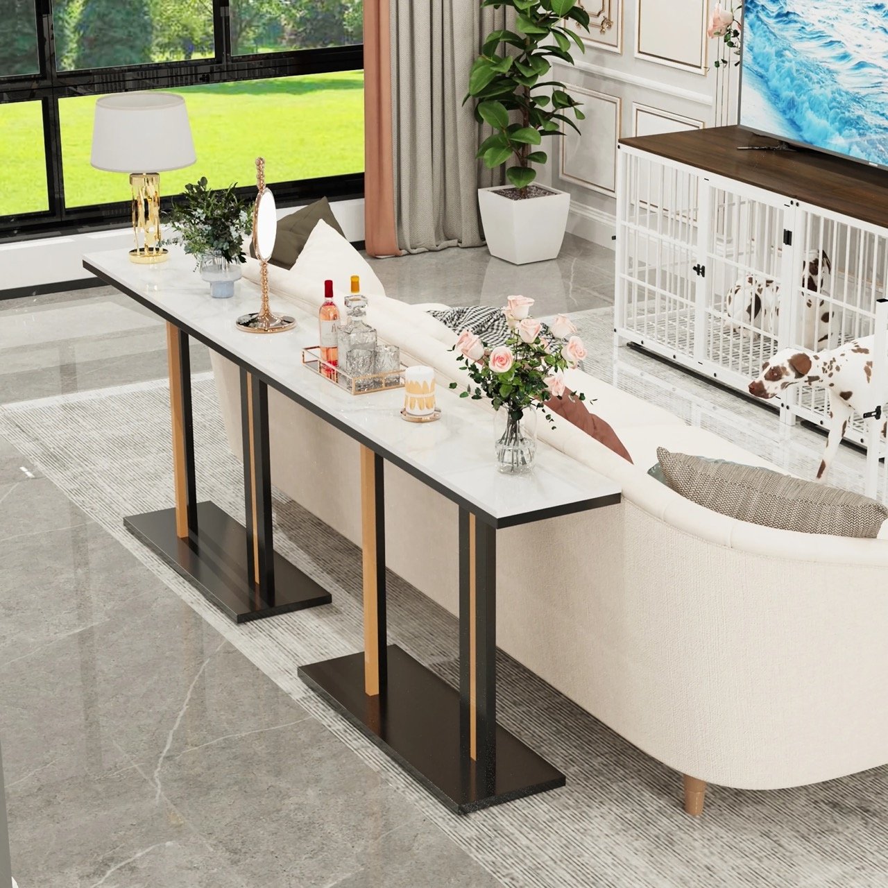 Enhance your space with the Contemporary Console Table featuring a sleek stone top and pedestal metal base. This stunning piece blends Nordic simplicity with modern luxury, making it the perfect addition to any hallway, entryway, or living room. The durable sintered stone top is resistant to scratches and high temperatures, while the anti-rust metal base ensures stability and longevity. With ample surface space for decor, lamps, or plants, it’s both a practical and stylish focal point. Easy to assemble and maintain, this table effortlessly combines elegance and functionality to elevate your home decor.