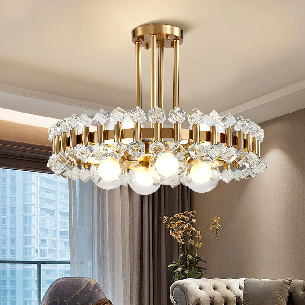 Transform your space with the Gold Round Modern Chandelier, a striking blend of elegance and modern design. Featuring a sleek gold finish and colorful stones that reflect light beautifully, this chandelier adds sophistication to any room. Perfect for living rooms, kitchens, dining areas, or bedrooms, it creates a warm, inviting ambiance. With included bulbs and hassle-free installation, it's ready to enhance your home decor immediately. Certified for safety and durability, this chandelier is the ideal statement piece to elevate your living space.