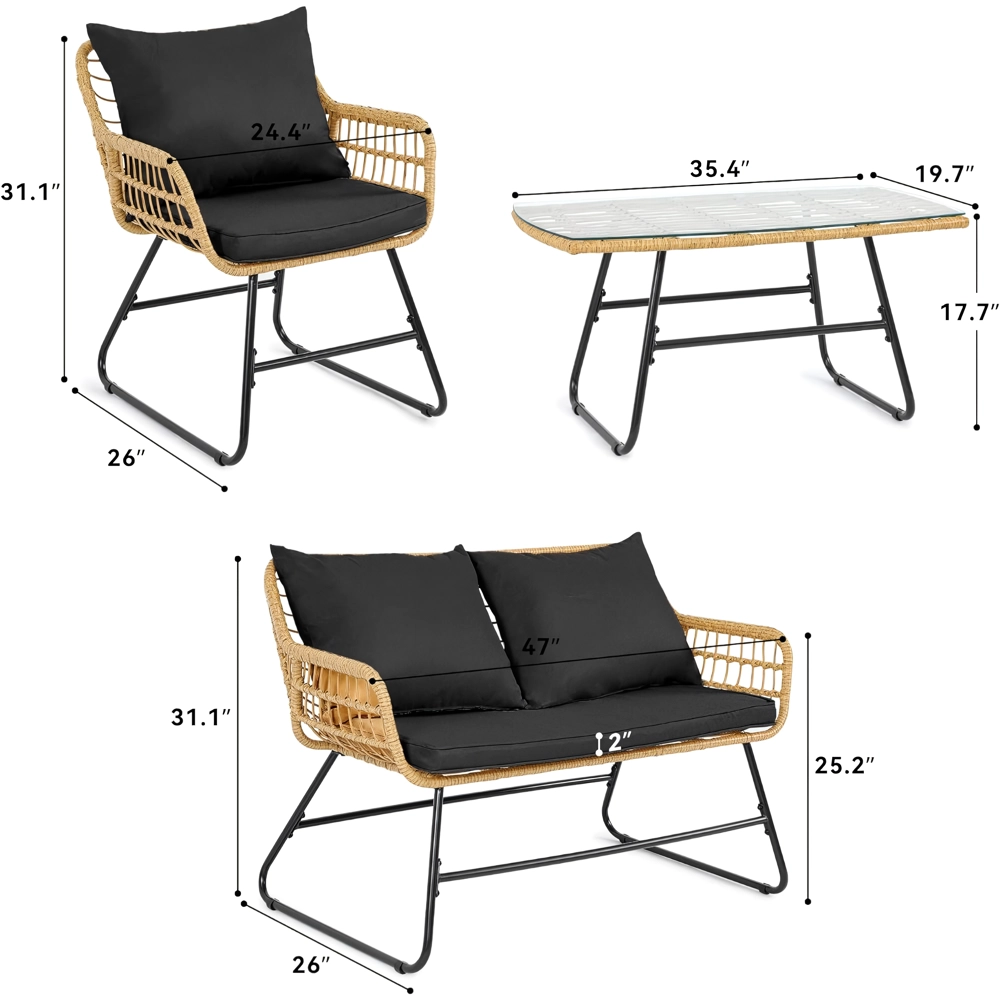 Transform your outdoor space with the All-Weather Outdoor Table and Chairs Set, designed for ultimate comfort and style. This elegant set includes two spacious chairs, a loveseat, and a sleek coffee table, all crafted from 60% wicker and 40% steel for durability. The detachable cushions provide cozy seating, while the elegant glass side table adds a modern touch to your patio or garden. Easy to assemble and perfect for any outdoor setting, this set offers comfort, style, and functionality—making it ideal for family gatherings or quiet moments of relaxation. Upgrade your backyard today!