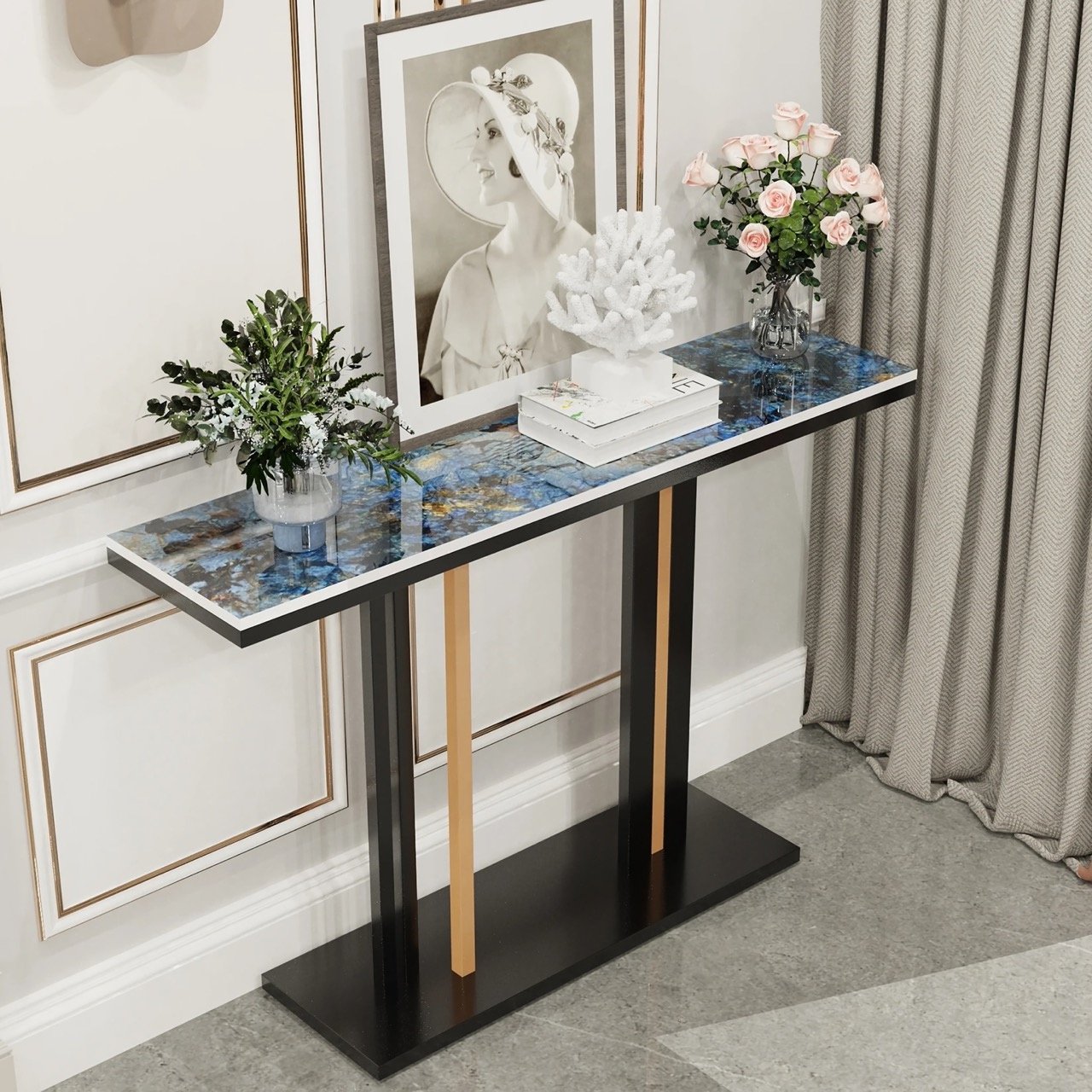 Enhance your space with the Contemporary Console Table featuring a sleek stone top and pedestal metal base. This stunning piece blends Nordic simplicity with modern luxury, making it the perfect addition to any hallway, entryway, or living room. The durable sintered stone top is resistant to scratches and high temperatures, while the anti-rust metal base ensures stability and longevity. With ample surface space for decor, lamps, or plants, it’s both a practical and stylish focal point. Easy to assemble and maintain, this table effortlessly combines elegance and functionality to elevate your home decor.