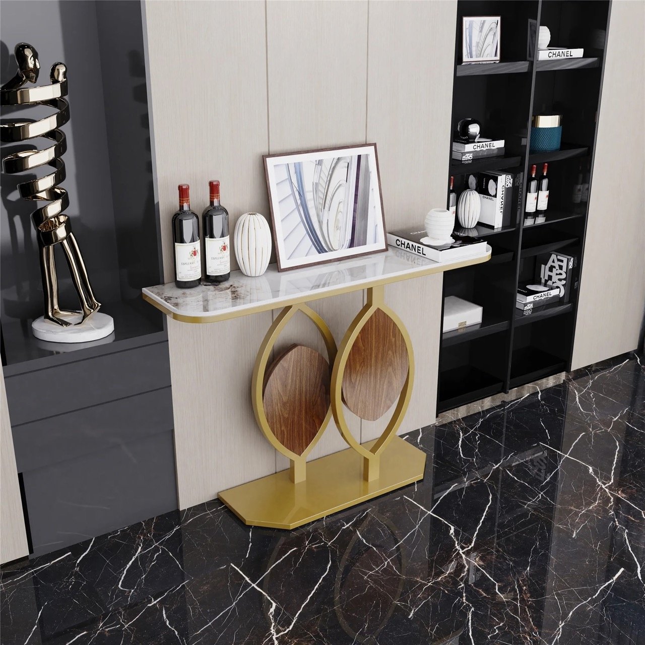 Add a touch of luxury to your home with the Modern Gold Console Table, featuring a sleek geometric metal base and a durable sintered stone top. Designed to complement any modern interior, this table blends contemporary style with practicality. The scratch-resistant, easy-to-clean sintered stone top ensures lasting beauty, while the gold-painted metal base offers stability and visual appeal. Measuring 47.2x11.8x30.7 inches, it provides ample space for displaying decorative items. Perfect for entryways, living rooms, or foyers, this console table combines elegance and functionality, making it an essential addition to your home.