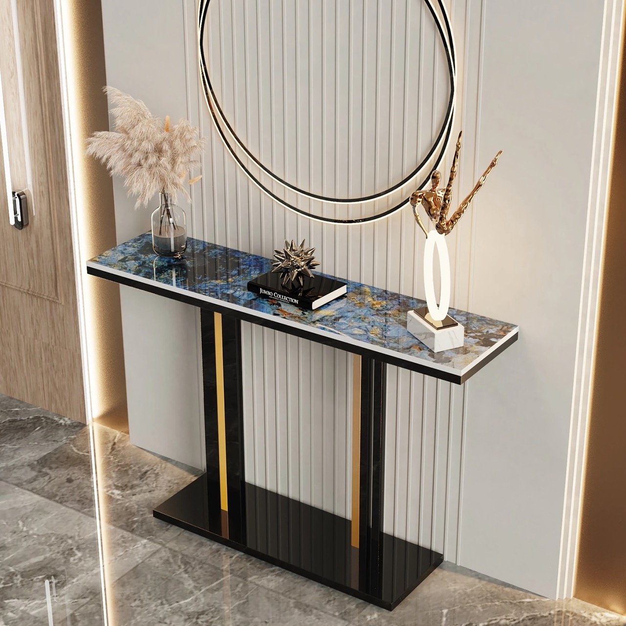 Enhance your space with the Contemporary Console Table featuring a sleek stone top and pedestal metal base. This stunning piece blends Nordic simplicity with modern luxury, making it the perfect addition to any hallway, entryway, or living room. The durable sintered stone top is resistant to scratches and high temperatures, while the anti-rust metal base ensures stability and longevity. With ample surface space for decor, lamps, or plants, it’s both a practical and stylish focal point. Easy to assemble and maintain, this table effortlessly combines elegance and functionality to elevate your home decor.