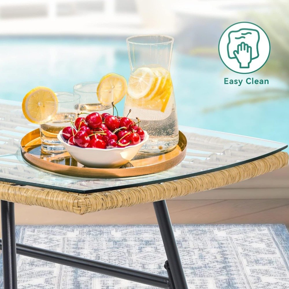 Transform your outdoor space with the All-Weather Outdoor Table and Chairs Set, designed for ultimate comfort and style. This elegant set includes two spacious chairs, a loveseat, and a sleek coffee table, all crafted from 60% wicker and 40% steel for durability. The detachable cushions provide cozy seating, while the elegant glass side table adds a modern touch to your patio or garden. Easy to assemble and perfect for any outdoor setting, this set offers comfort, style, and functionality—making it ideal for family gatherings or quiet moments of relaxation. Upgrade your backyard today!