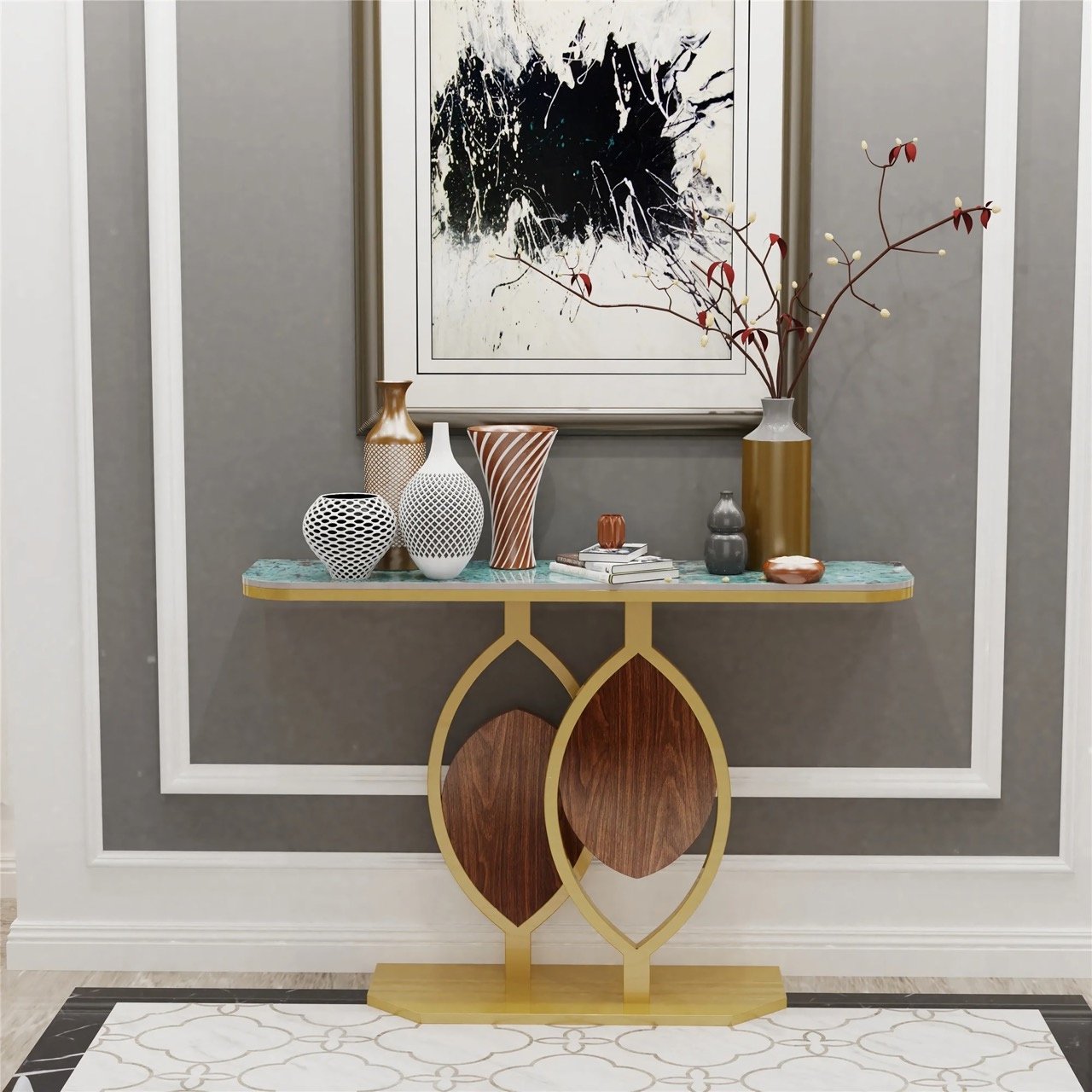 Add a touch of luxury to your home with the Modern Gold Console Table, featuring a sleek geometric metal base and a durable sintered stone top. Designed to complement any modern interior, this table blends contemporary style with practicality. The scratch-resistant, easy-to-clean sintered stone top ensures lasting beauty, while the gold-painted metal base offers stability and visual appeal. Measuring 47.2x11.8x30.7 inches, it provides ample space for displaying decorative items. Perfect for entryways, living rooms, or foyers, this console table combines elegance and functionality, making it an essential addition to your home.