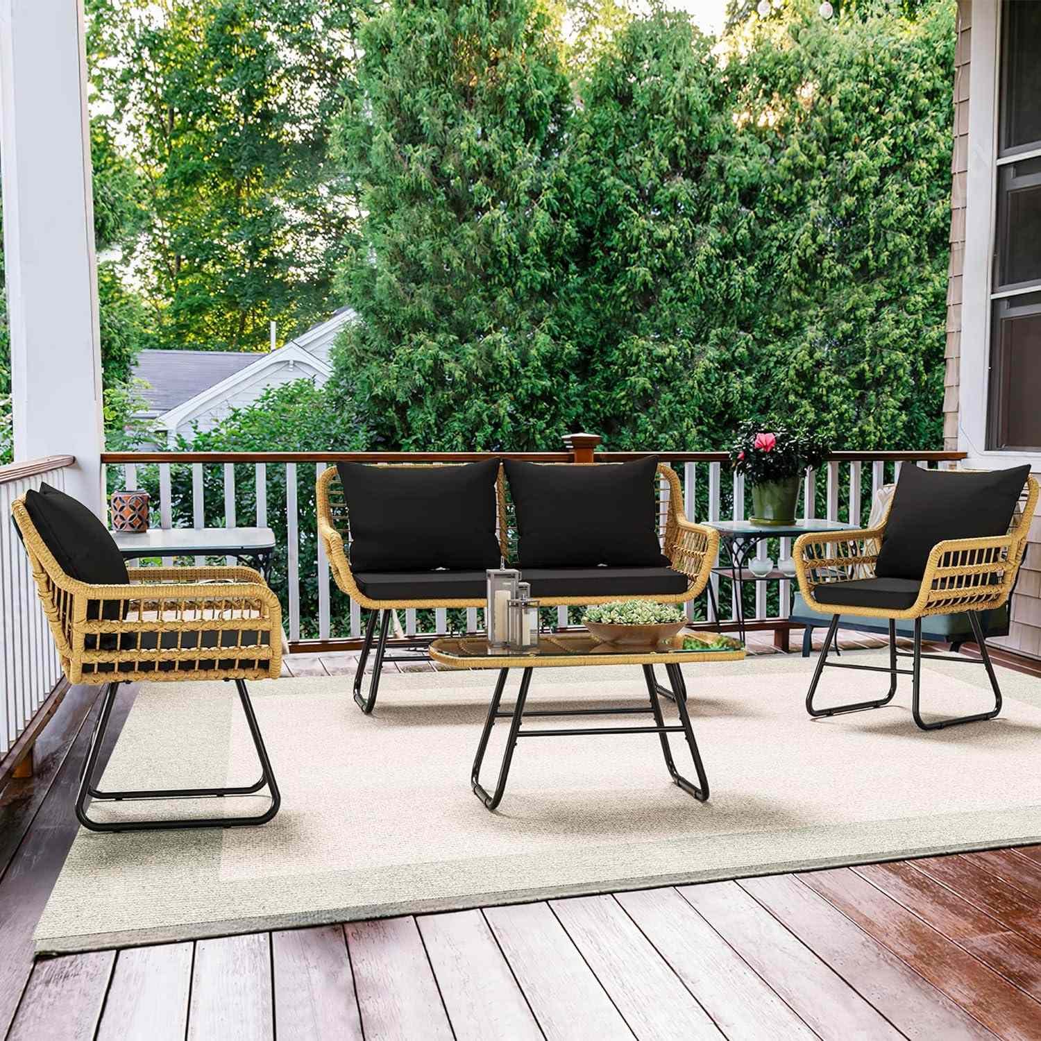 Transform your outdoor space with the All-Weather Outdoor Table and Chairs Set, designed for ultimate comfort and style. This elegant set includes two spacious chairs, a loveseat, and a sleek coffee table, all crafted from 60% wicker and 40% steel for durability. The detachable cushions provide cozy seating, while the elegant glass side table adds a modern touch to your patio or garden. Easy to assemble and perfect for any outdoor setting, this set offers comfort, style, and functionality—making it ideal for family gatherings or quiet moments of relaxation. Upgrade your backyard today!