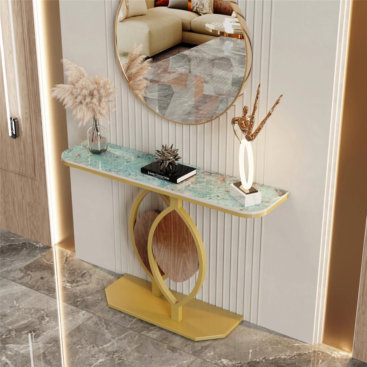 Add a touch of luxury to your home with the Modern Gold Console Table, featuring a sleek geometric metal base and a durable sintered stone top. Designed to complement any modern interior, this table blends contemporary style with practicality. The scratch-resistant, easy-to-clean sintered stone top ensures lasting beauty, while the gold-painted metal base offers stability and visual appeal. Measuring 47.2x11.8x30.7 inches, it provides ample space for displaying decorative items. Perfect for entryways, living rooms, or foyers, this console table combines elegance and functionality, making it an essential addition to your home.