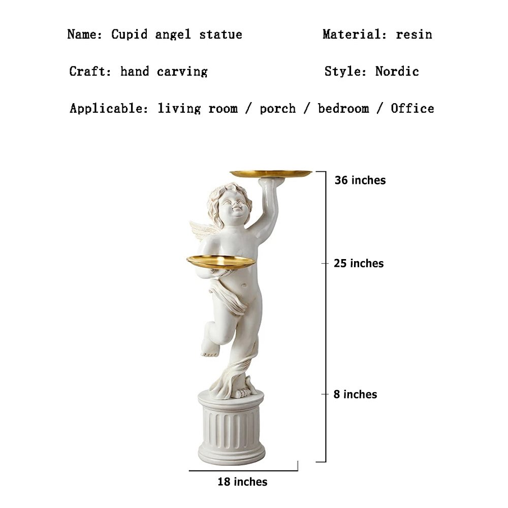 68340b575aed175f3ebdb1731938a684.jpg-full The European Style Cupid Angel Resin Statue is a perfect blend of elegance and practicality, bringing a touch of divine beauty to any room. Hand-carved from eco-friendly resin, this stunning statue features exquisite detail and is paired with a LINGAR metal tray for convenient storage of small items like keys, remote controls, or decorative pieces. The Roman column base adds both stability and artistic flair, making it an eye-catching accent in living rooms, bedrooms, or hallways. Available in white, gold, or vintage white, this versatile piece is ideal for homes or offices, offering both charm and functionality. Add this enchanting sculpture to your decor and enjoy its timeless beauty every day.
