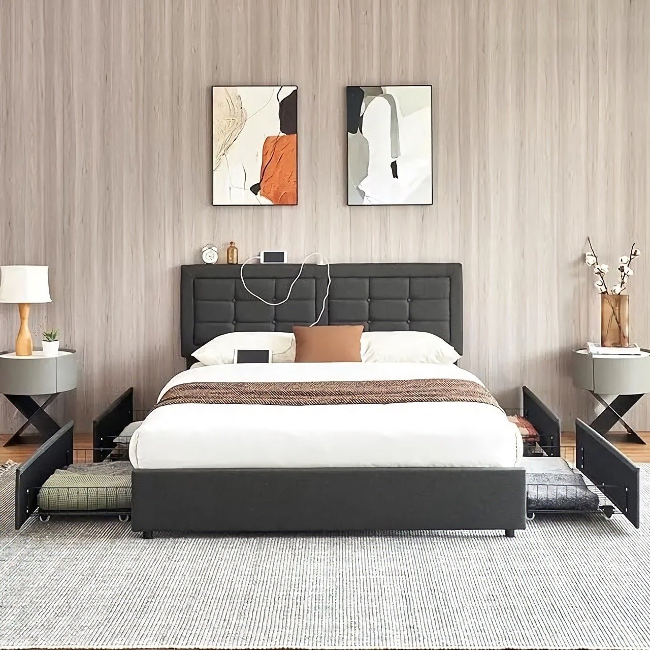 6fd3e361af976a43c34c6aa33df60a40.jpeg-full Upgrade your bedroom with the ultimate blend of style, comfort, and practicality. Our Queen Size Bed Frame features four spacious storage drawers, a tufted upholstered headboard, and built-in USB charging ports, offering both elegance and modern convenience. The adjustable headboard ensures customized comfort, while the solid wood slats and noise-free design promise durability and a peaceful sleep. With a sleek design and ample storage, this bed frame is perfect for keeping your bedroom organized and stylish. Easy to assemble and built to last, it’s the perfect addition to any contemporary home.