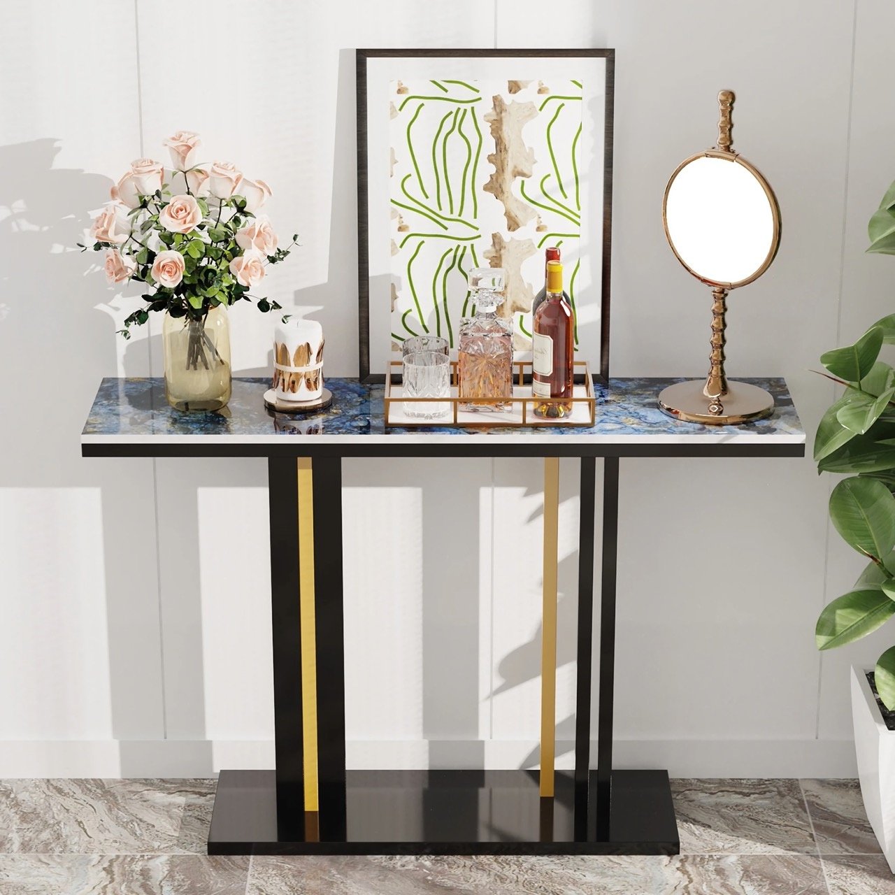 Enhance your space with the Contemporary Console Table featuring a sleek stone top and pedestal metal base. This stunning piece blends Nordic simplicity with modern luxury, making it the perfect addition to any hallway, entryway, or living room. The durable sintered stone top is resistant to scratches and high temperatures, while the anti-rust metal base ensures stability and longevity. With ample surface space for decor, lamps, or plants, it’s both a practical and stylish focal point. Easy to assemble and maintain, this table effortlessly combines elegance and functionality to elevate your home decor.